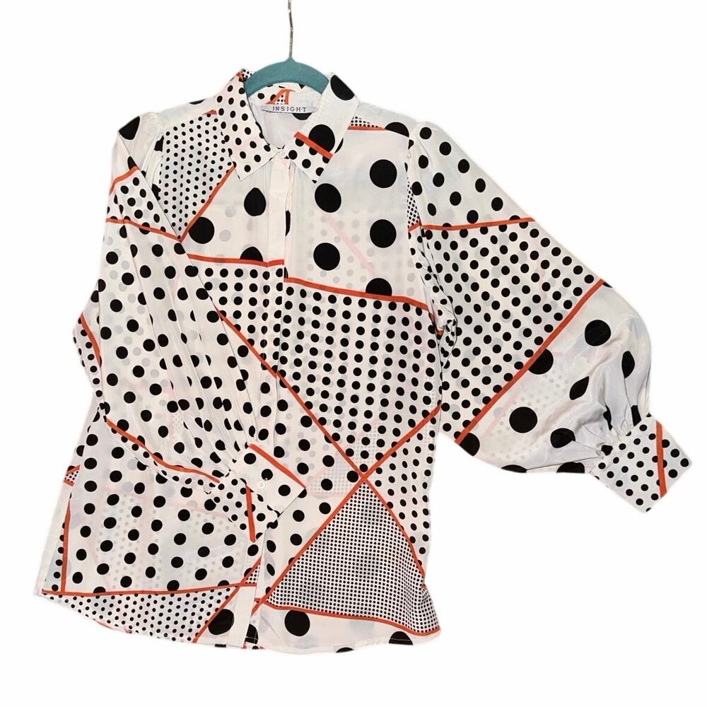 Vintage insight polka dot black white orange button front blouse long sleeve S